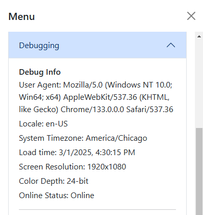 A screenshot of the Debugging menu options.