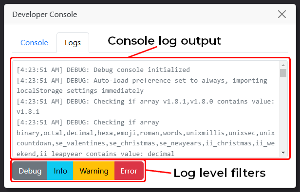 A screenshot of the Dev Console panel Logs tab.