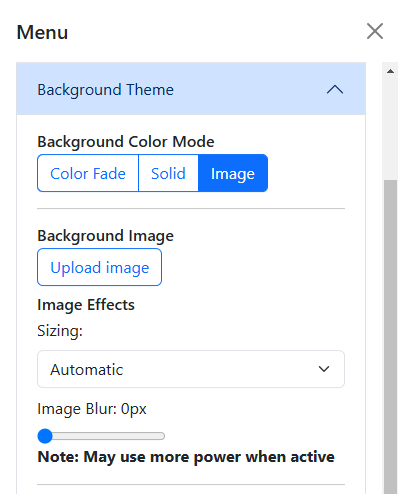 A screenshot of the Custom Image section in the Background Color Mode section of the menu.