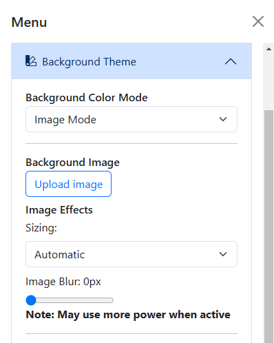 A screenshot of the Custom Image section in the Background Color Mode section of the menu.