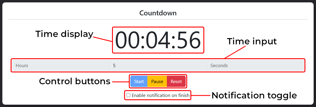 A screenshot of the countdown panel. The time remaining shown is 29 minutes and 57 seconds. The countdown timer is set to 30 minutes and is enabled.