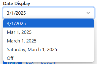 A screenshot of the Date Display dropdown menu with the first option selected