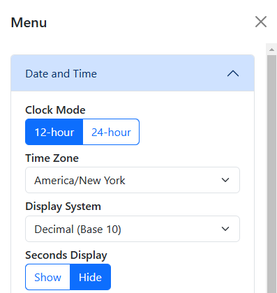 A screenshot of the Date and Time menu options."