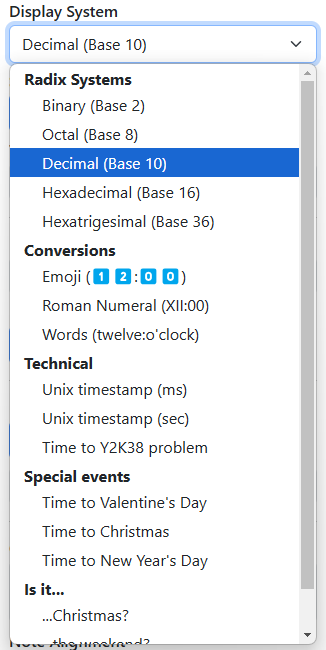 A screenshot of the Display System dropdown menu with "Decimal (Base 10)" selected