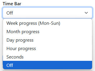 A screenshot of the Time Bar dropdown menu with "Off" selected