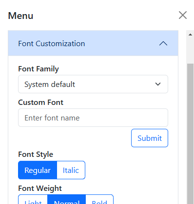 A screenshot of the Font Customization menu options.