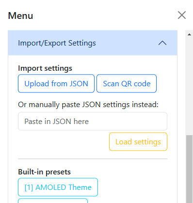 A screenshot of the import and export menu options.