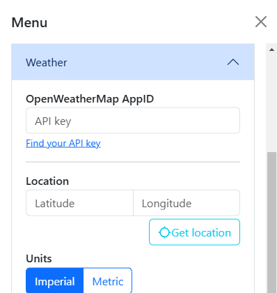 A screenshot of the Weather menu options.