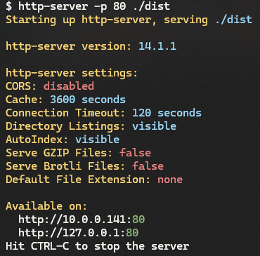 A screenshot of the http-server command running in a Terminal.