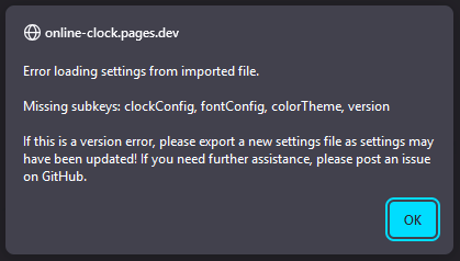 A screenshot of the missing subkeys error popup in Mozilla Firefox.
