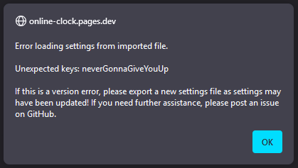 A screenshot of the unexpected keys error popup in Mozilla Firefox.