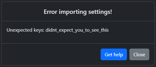A screenshot of the unexpected keys error popup.