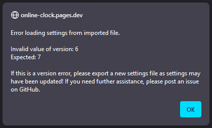 A screenshot of the invalid version error popup in Mozilla Firefox.